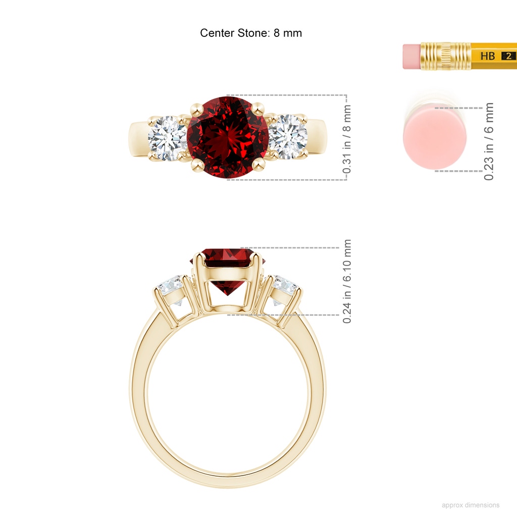8mm Labgrown Lab-Grown Classic Ruby and Diamond Three Stone Engagement Ring in Yellow Gold ruler