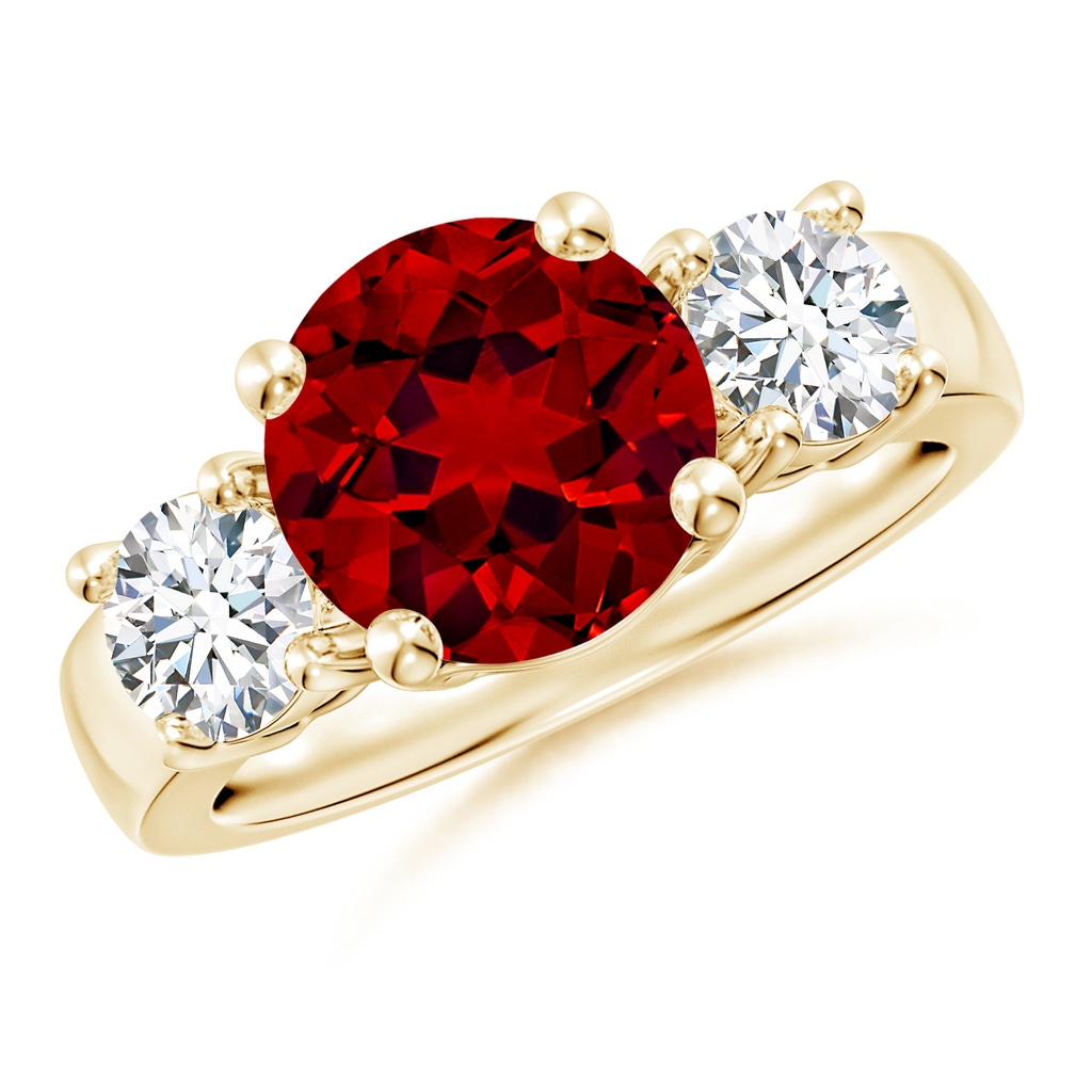 9mm Labgrown Lab-Grown Classic Ruby and Lab Diamond Three Stone Engagement Ring in Yellow Gold