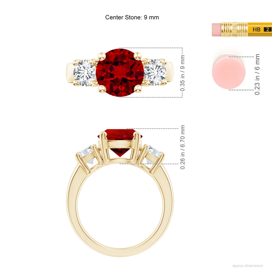 9mm Labgrown Lab-Grown Classic Ruby and Lab Diamond Three Stone Engagement Ring in Yellow Gold ruler