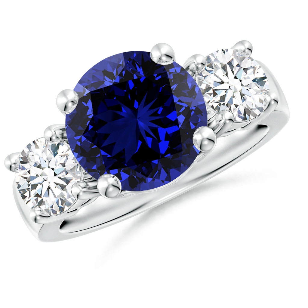 10mm Labgrown Lab-Grown Classic Blue Sapphire and Diamond Three Stone Engagement Ring in P950 Platinum