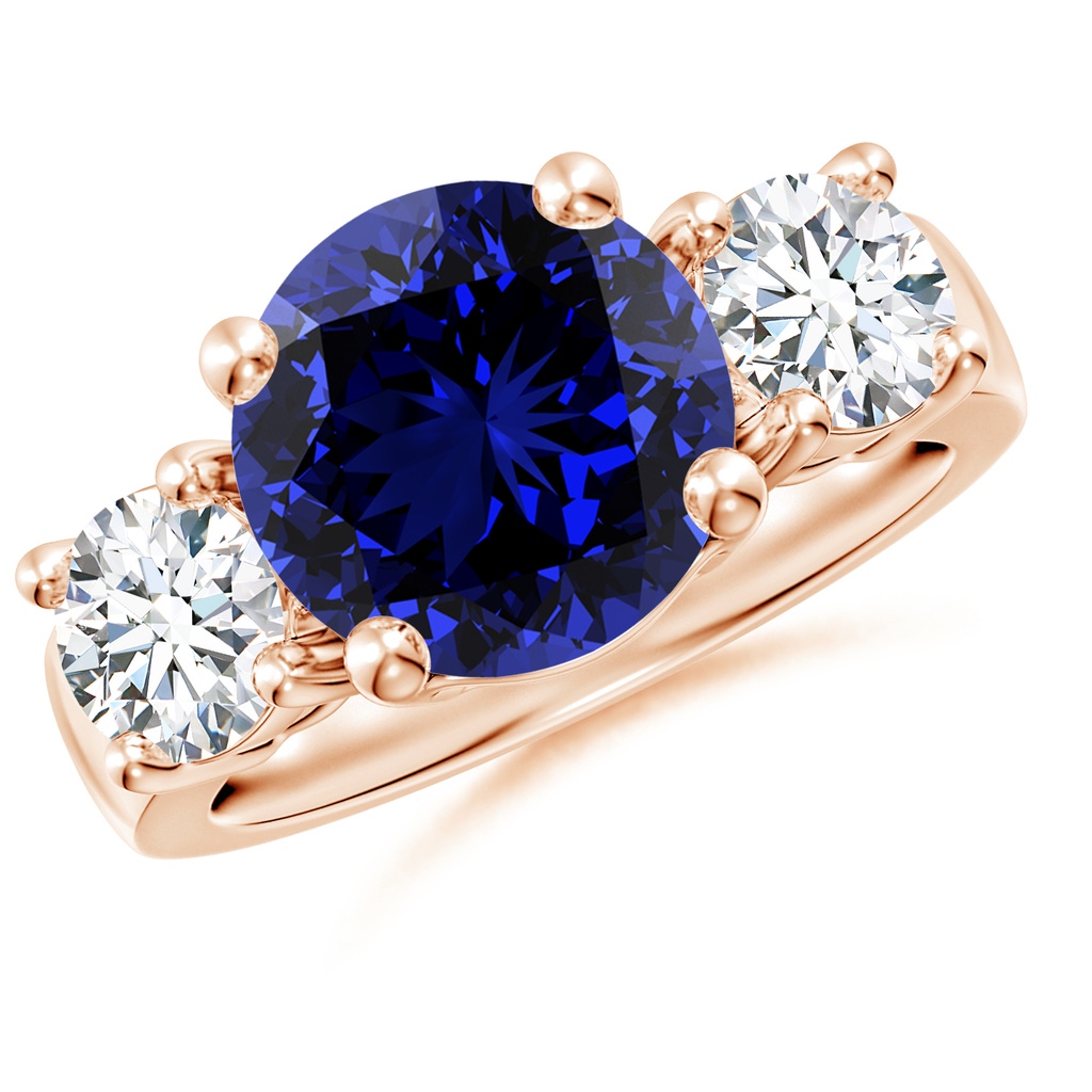 10mm Labgrown Lab-Grown Classic Blue Sapphire and Diamond Three Stone Engagement Ring in Rose Gold