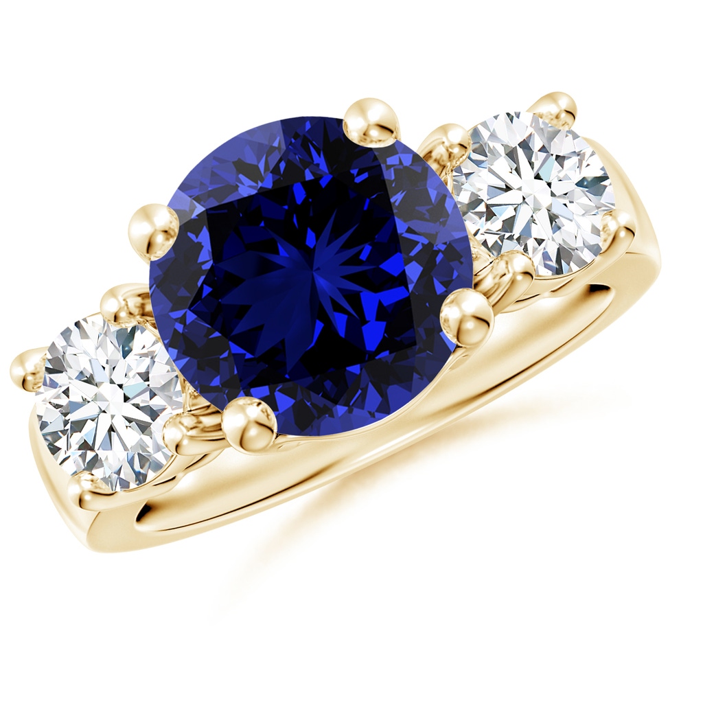 10mm Labgrown Lab-Grown Classic Blue Sapphire and Diamond Three Stone Engagement Ring in Yellow Gold