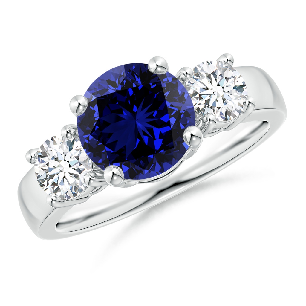 8mm Labgrown Lab-Grown Classic Blue Sapphire and Diamond Three Stone Engagement Ring in White Gold