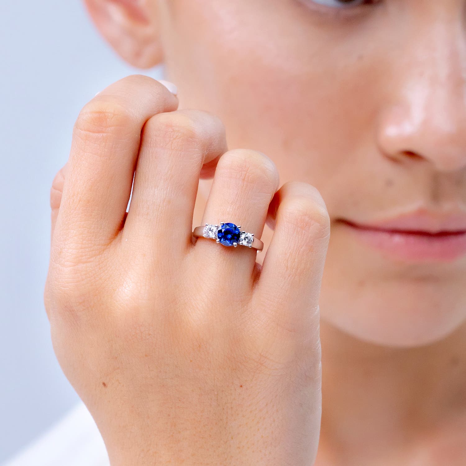 Classic Round Lab-Grown Blue Sapphire and Diamond Three