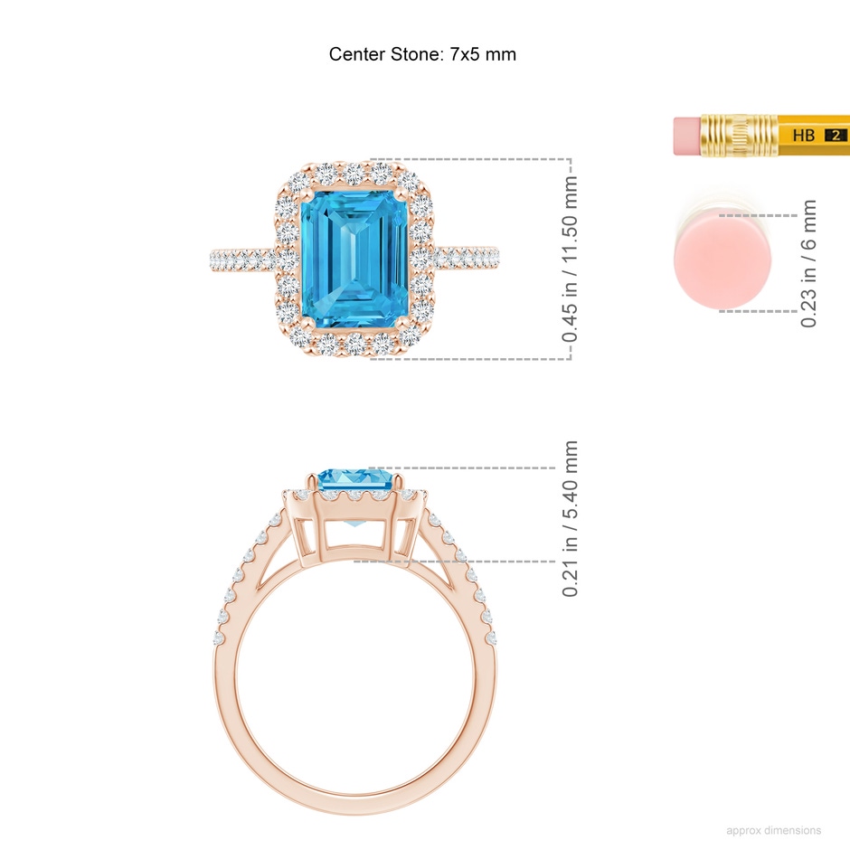 7x5mm Labgrown Emerald-Cut Lab-Grown Fancy Intense Blue Diamond Halo Ring in Rose Gold ruler