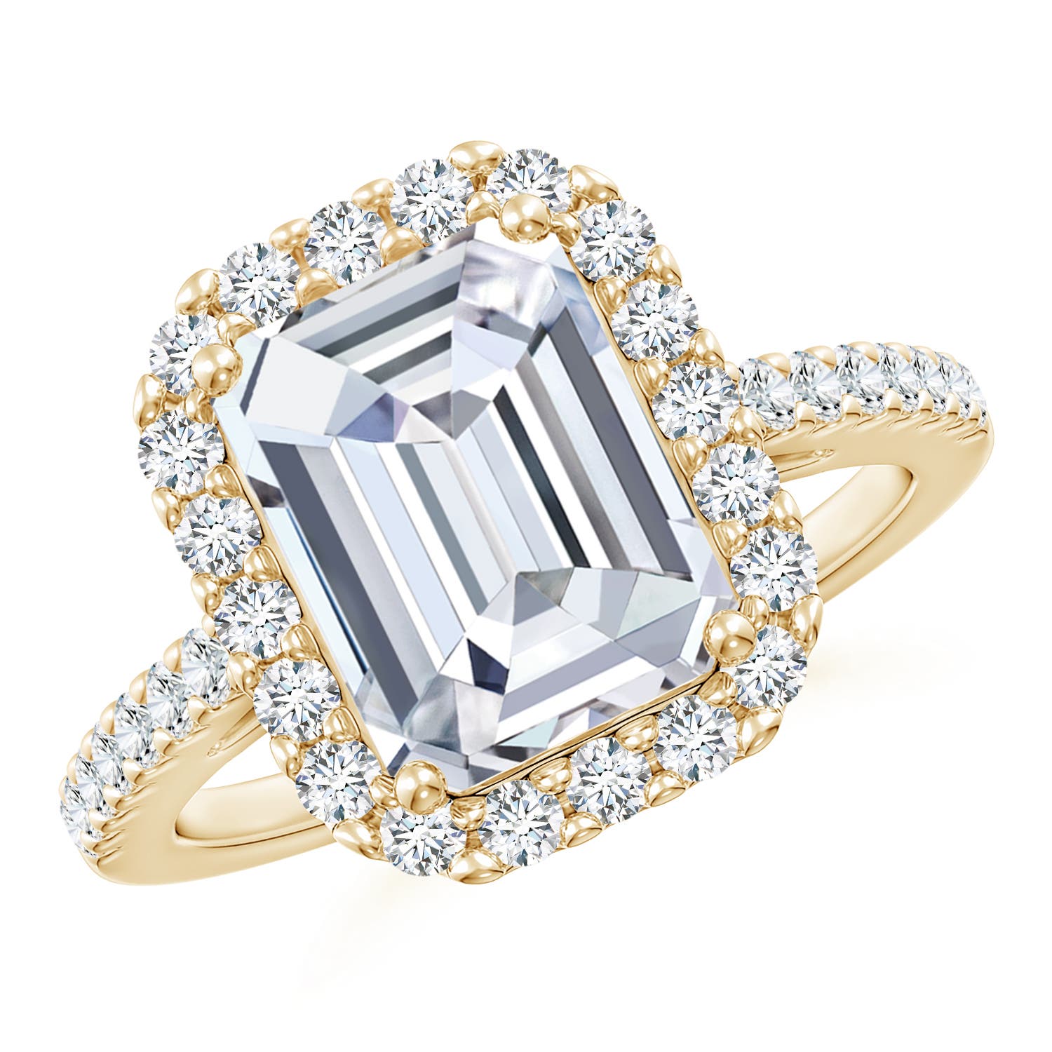 10x7.5mm FGVS Lab-Grown Emerald-Cut Diamond Halo Ring in 18K Yellow Gold
