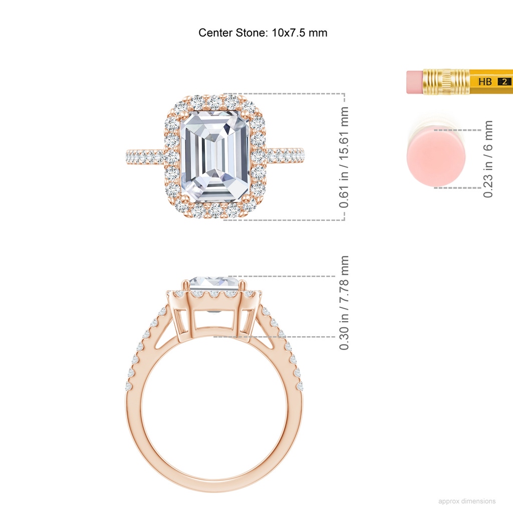 10x7.5mm FGVS Lab-Grown Emerald-Cut Diamond Halo Ring in Rose Gold ruler