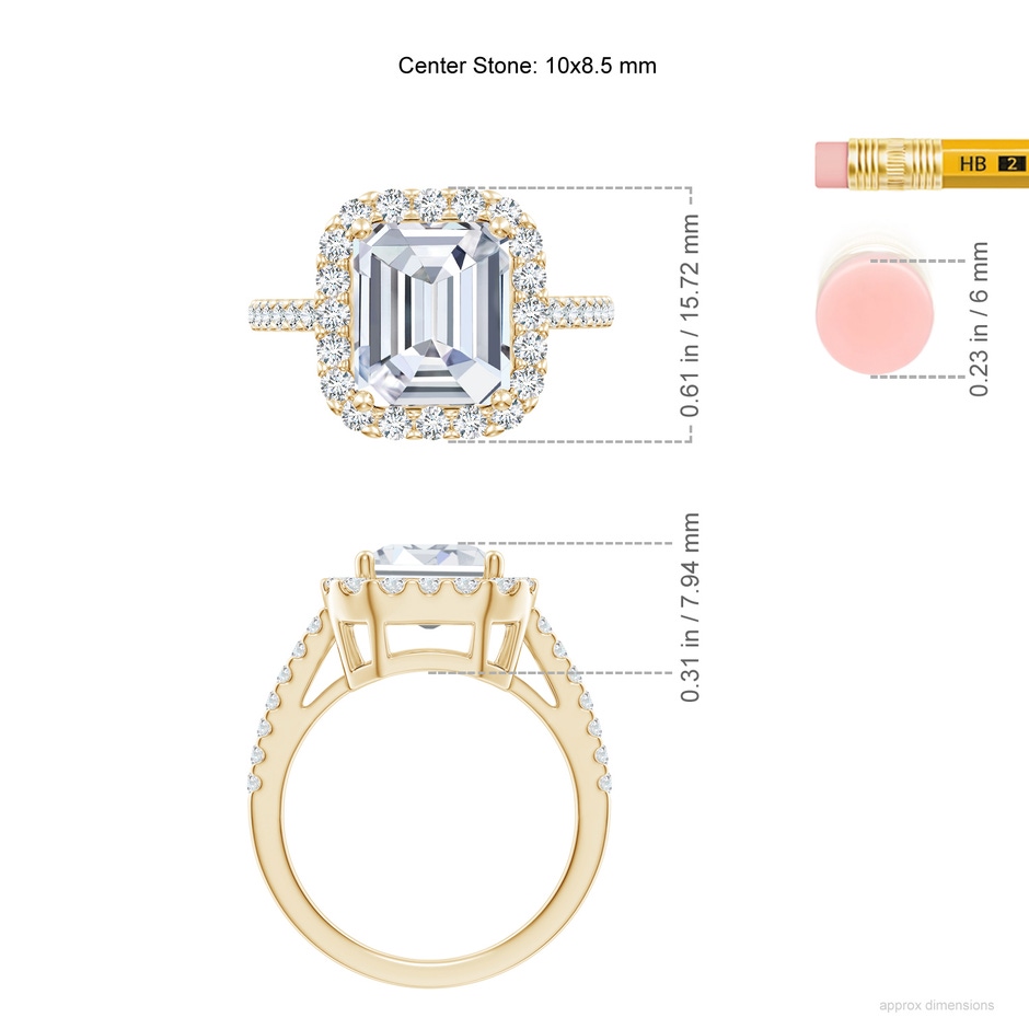 10x8.5mm FGVS Lab-Grown Emerald-Cut Diamond Halo Ring in 18K Yellow Gold ruler