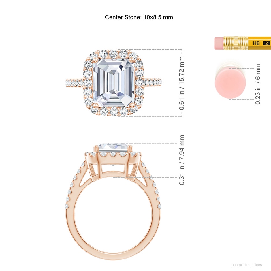 10x8.5mm FGVS Lab-Grown Emerald-Cut Diamond Halo Ring in Rose Gold ruler