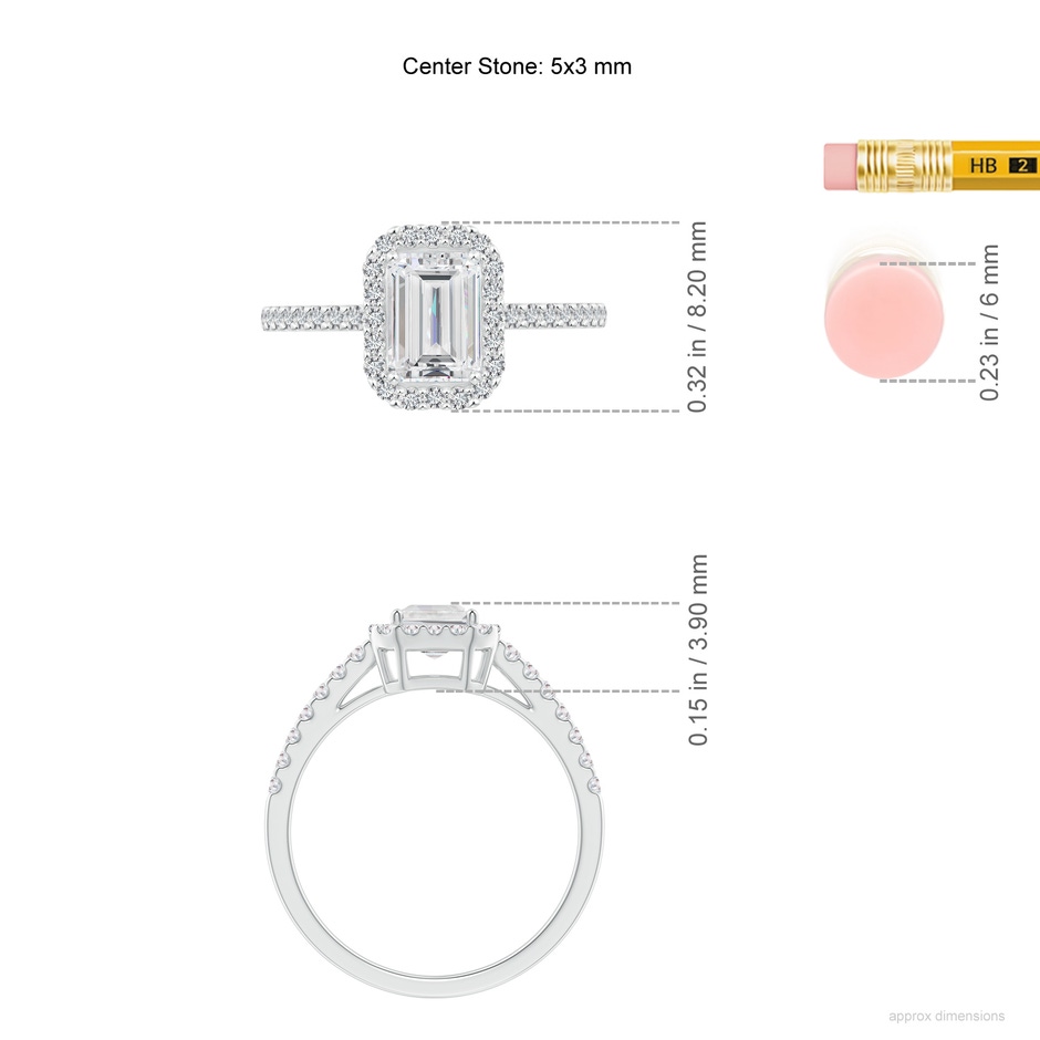 5x3mm FGVS Lab-Grown Emerald-Cut Diamond Halo Ring in 18K White Gold ruler