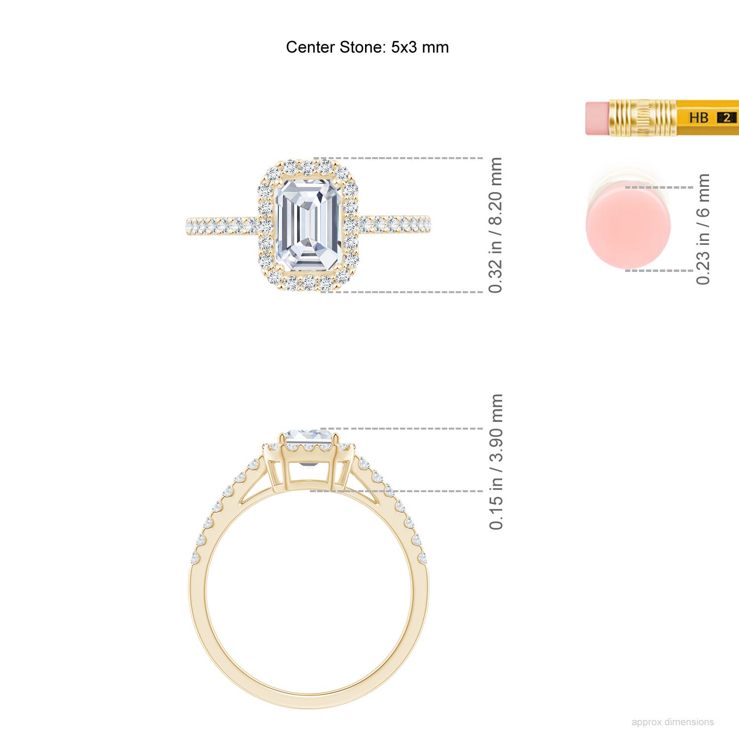 5x3mm FGVS Lab-Grown Emerald-Cut Diamond Halo Ring in Yellow Gold - ruler