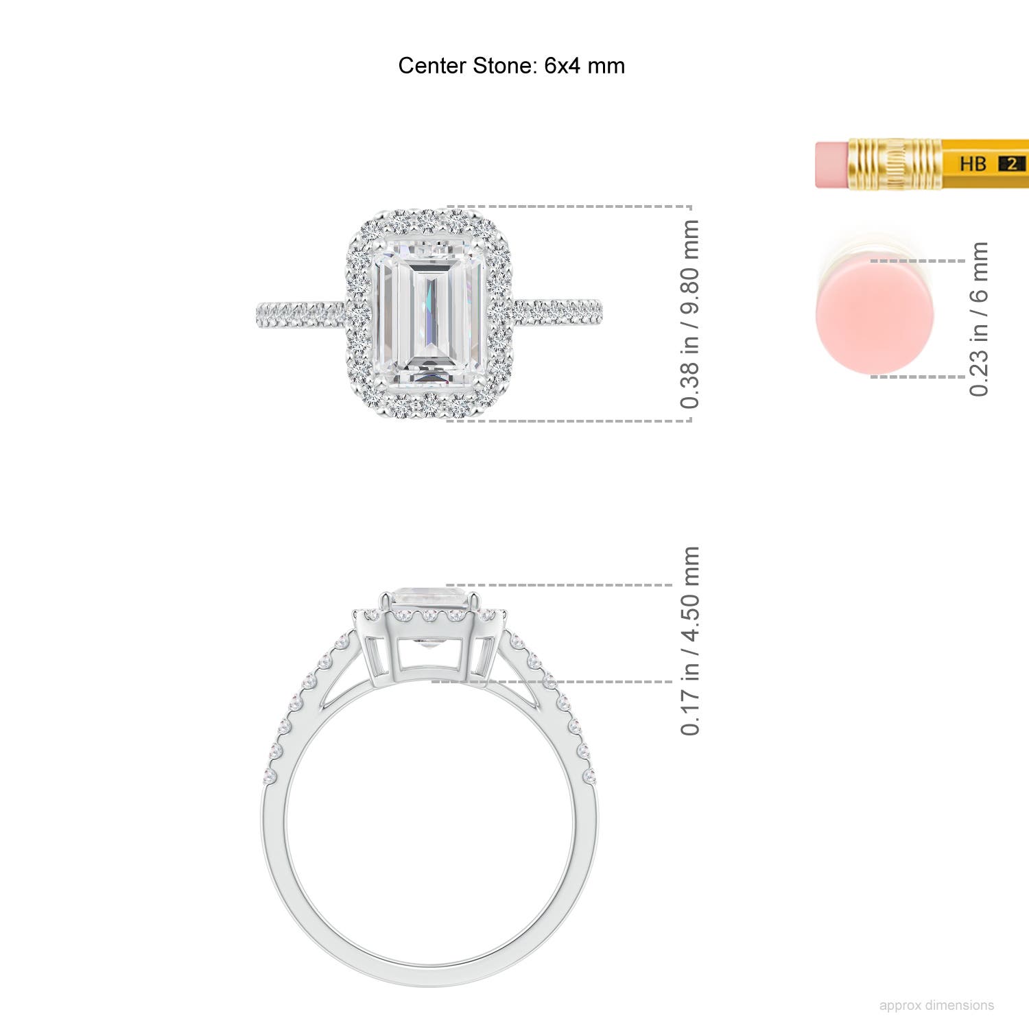 6x4mm FGVS Lab-Grown Emerald-Cut Diamond Halo Ring in White Gold - ruler