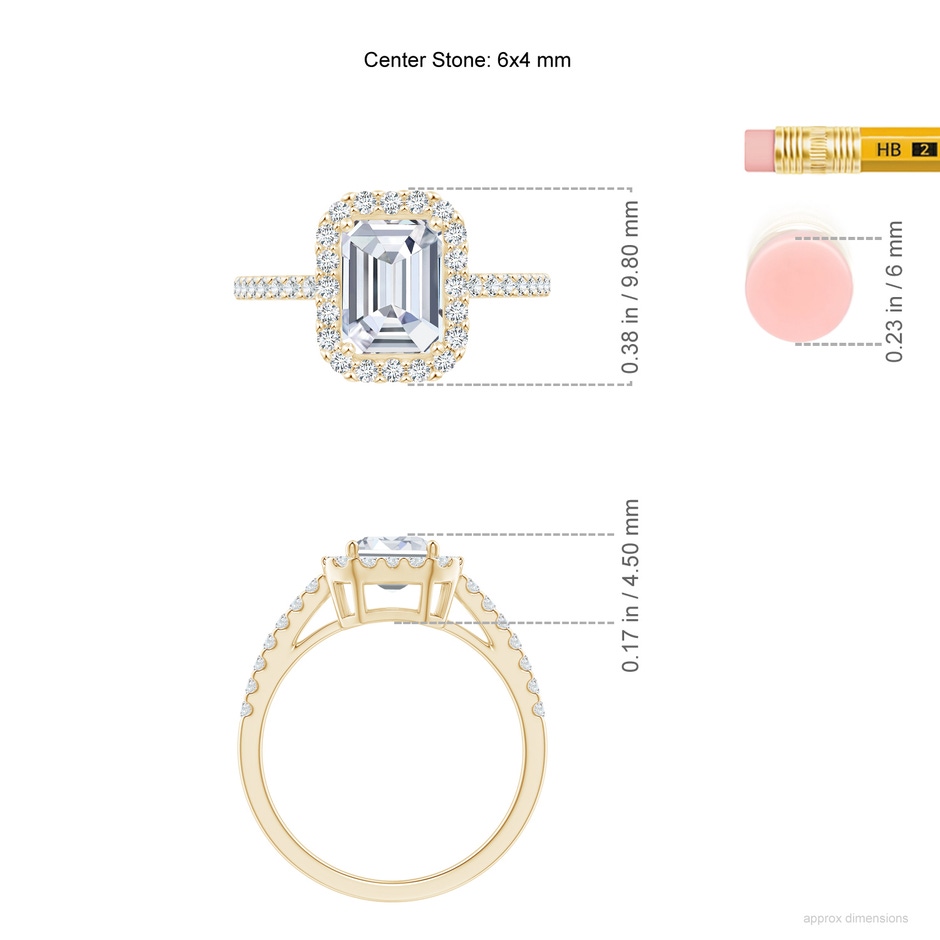6x4mm FGVS Lab-Grown Emerald-Cut Diamond Halo Ring in Yellow Gold ruler