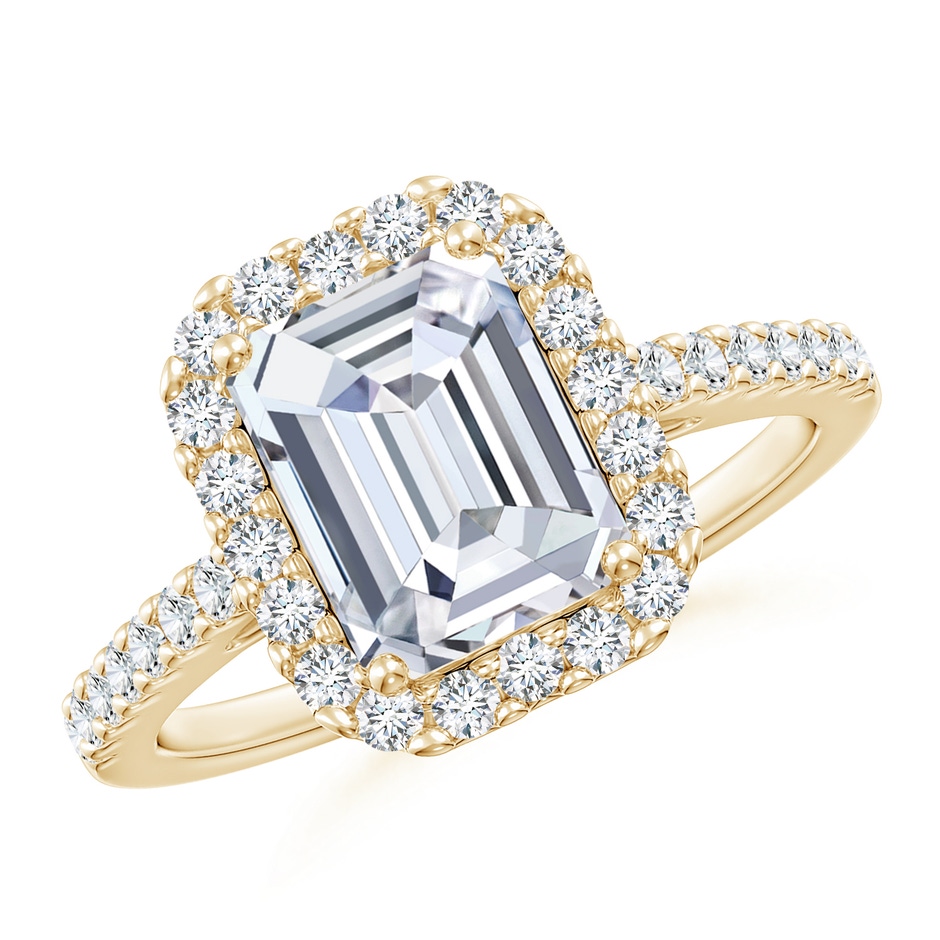 7x5mm FGVS Lab-Grown Emerald-Cut Diamond Halo Ring in Yellow Gold 
