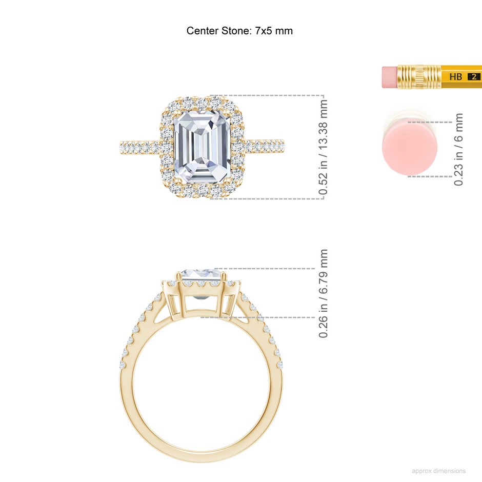 7x5mm FGVS Lab-Grown Emerald-Cut Diamond Halo Ring in Yellow Gold ruler