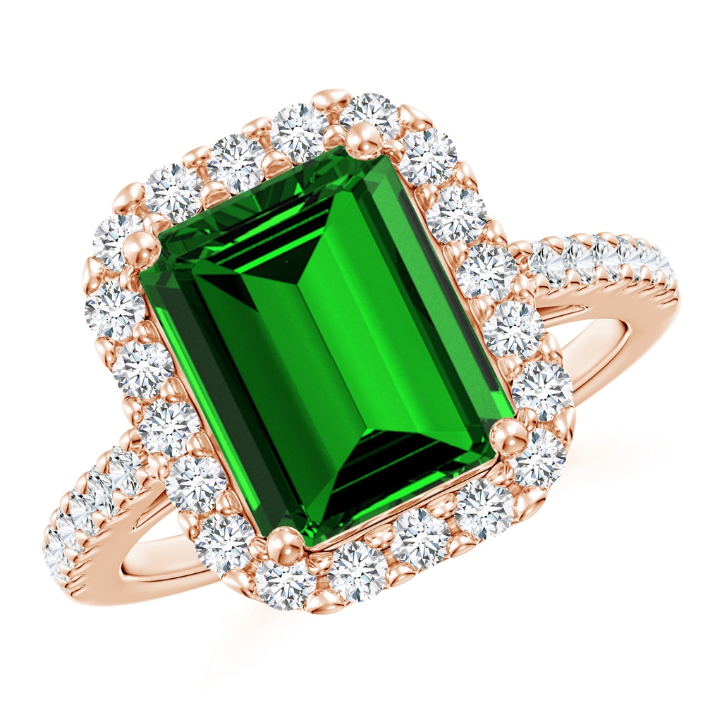 10x8mm Labgrown Lab-Grown Emerald-Cut Emerald Halo Ring in Rose Gold