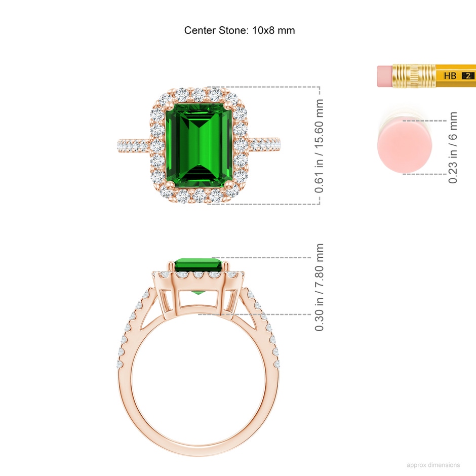 10x8mm Labgrown Lab-Grown Emerald-Cut Emerald Halo Ring in Rose Gold ruler