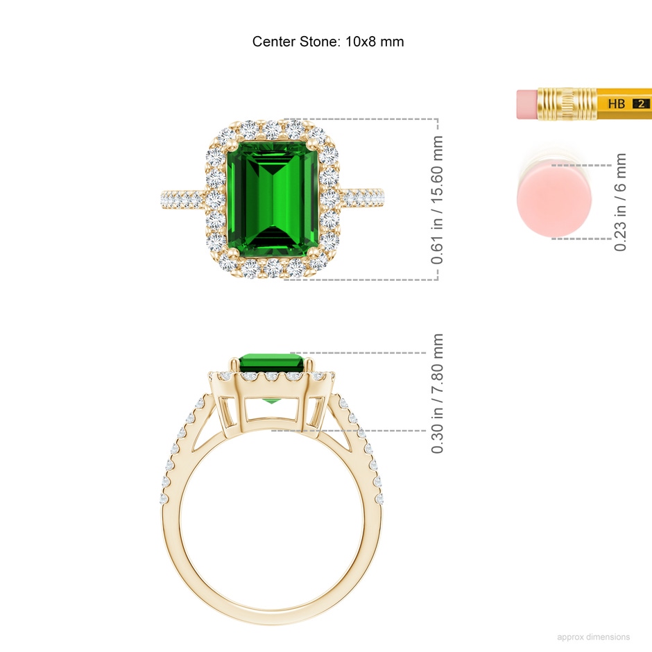 10x8mm Labgrown Lab-Grown Emerald-Cut Emerald Halo Ring in Yellow Gold ruler