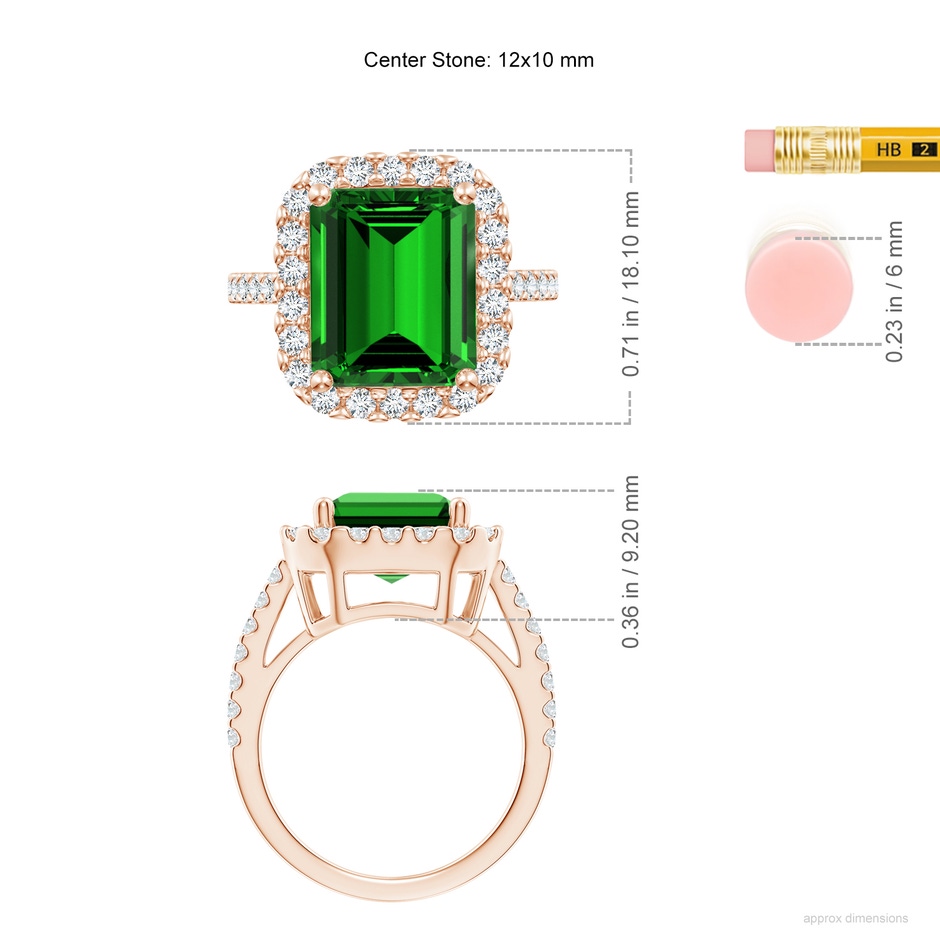 12x10mm Labgrown Lab-Grown Emerald-Cut Emerald Halo Ring in Rose Gold ruler