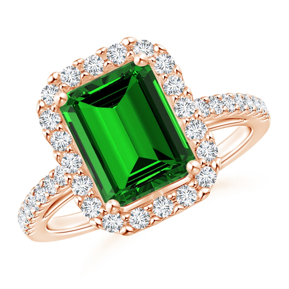 9x7mm Labgrown Lab-Grown Emerald-Cut Emerald Halo Ring in Rose Gold 