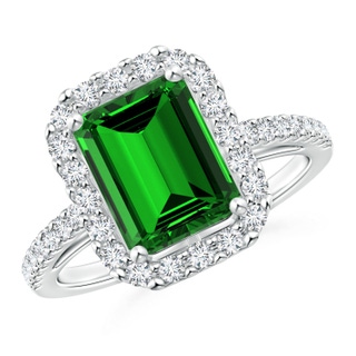 9x7mm Labgrown Lab-Grown Emerald-Cut Emerald Halo Ring in White Gold