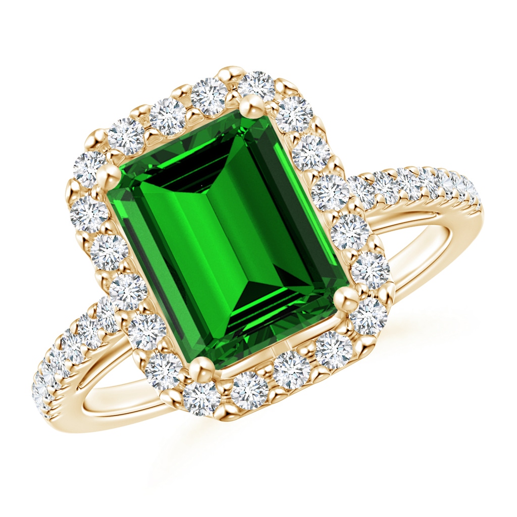 9x7mm Labgrown Lab-Grown Emerald-Cut Emerald Halo Ring in Yellow Gold