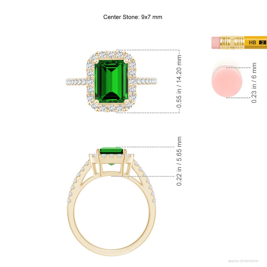 9x7mm Labgrown Lab-Grown Emerald-Cut Emerald Halo Ring in Yellow Gold ruler