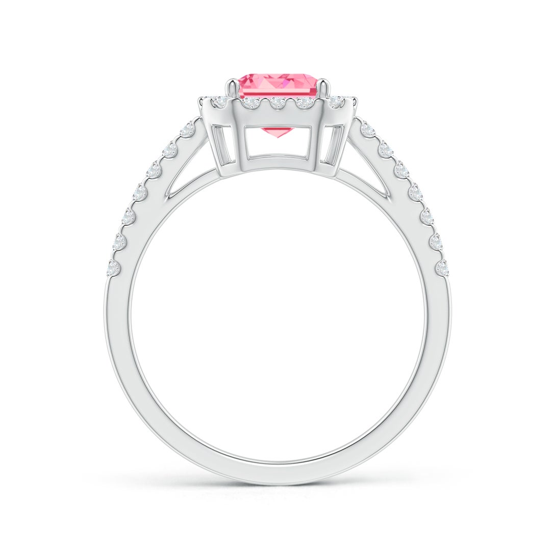 6x4mm Labgrown Emerald-Cut Lab-Grown Fancy Intense Pink Diamond Halo Ring in White Gold - side 2