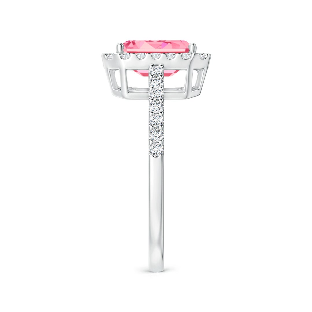 6x4mm Labgrown Emerald-Cut Lab-Grown Fancy Intense Pink Diamond Halo Ring in White Gold - side 3