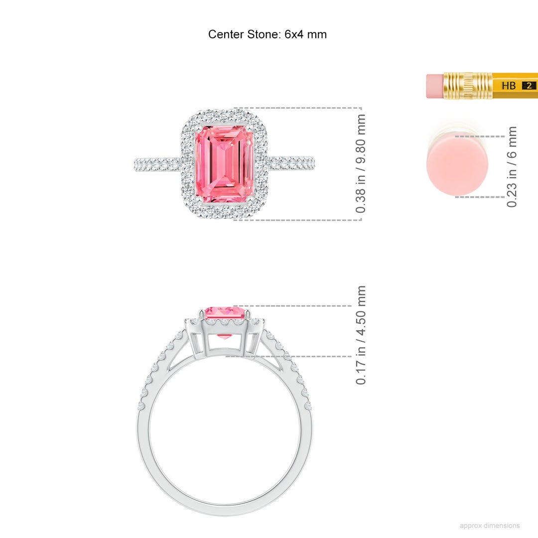 6x4mm Labgrown Emerald-Cut Lab-Grown Fancy Intense Pink Diamond Halo Ring in White Gold - ruler