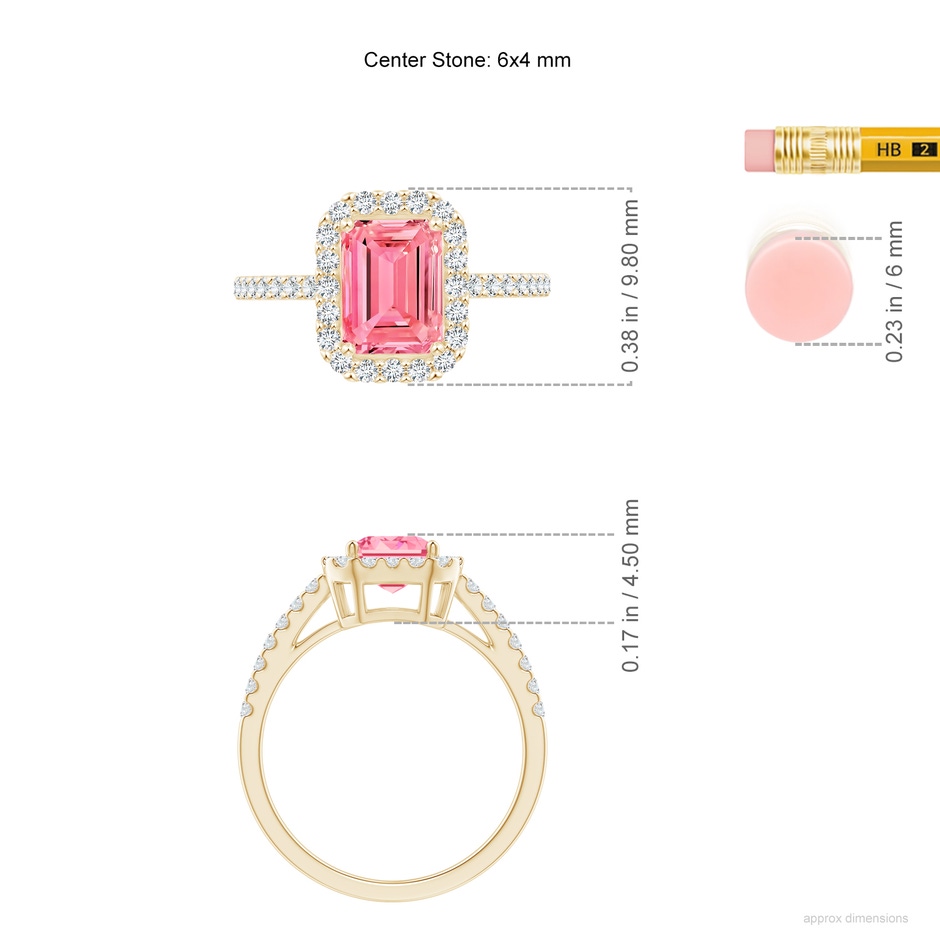 6x4mm Labgrown Emerald-Cut Lab-Grown Fancy Intense Pink Diamond Halo Ring in Yellow Gold ruler