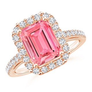 7x5mm Labgrown Emerald-Cut Lab-Grown Fancy Intense Pink Diamond Halo Ring in Rose Gold