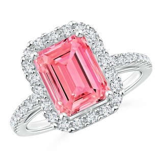 7x5mm Labgrown Emerald-Cut Lab-Grown Fancy Intense Pink Diamond Halo Ring in S999 Silver