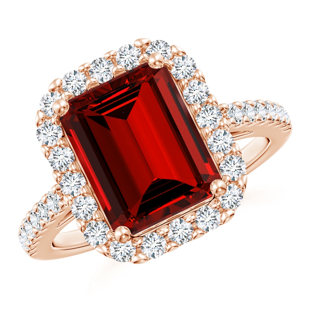 10x8mm Labgrown Lab-Grown Emerald-Cut Ruby Halo Ring in Rose Gold