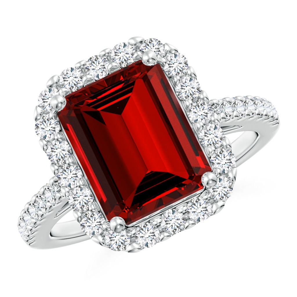 10x8mm Labgrown Lab-Grown Emerald-Cut Ruby Halo Ring in White Gold