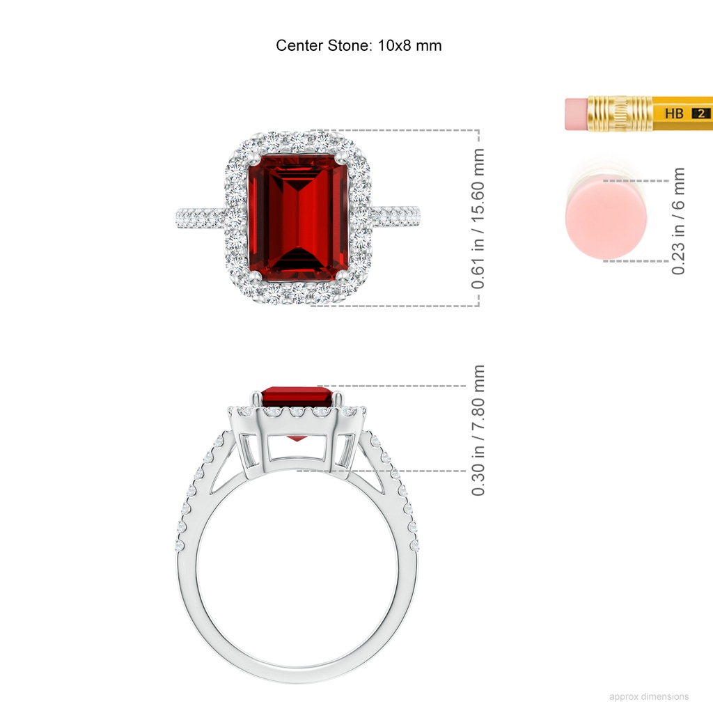 10x8mm Labgrown Lab-Grown Emerald-Cut Ruby Halo Ring in White Gold ruler