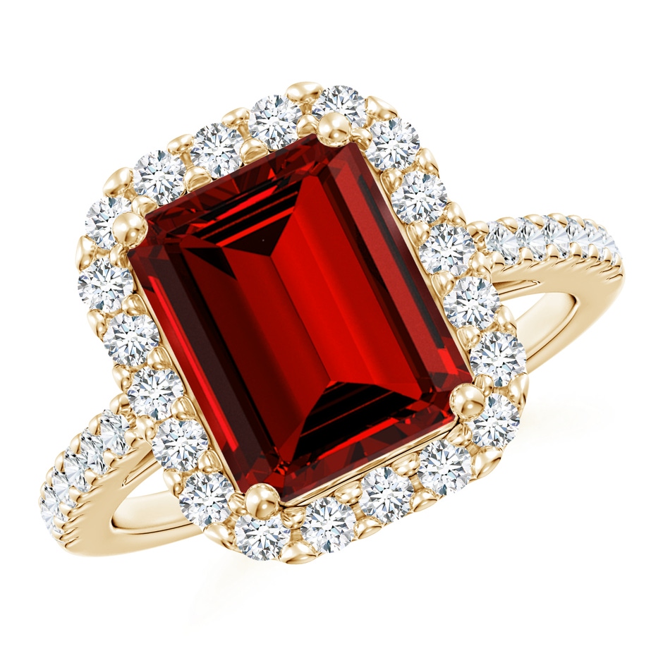 10x8mm Labgrown Lab-Grown Emerald-Cut Ruby Halo Ring in Yellow Gold 