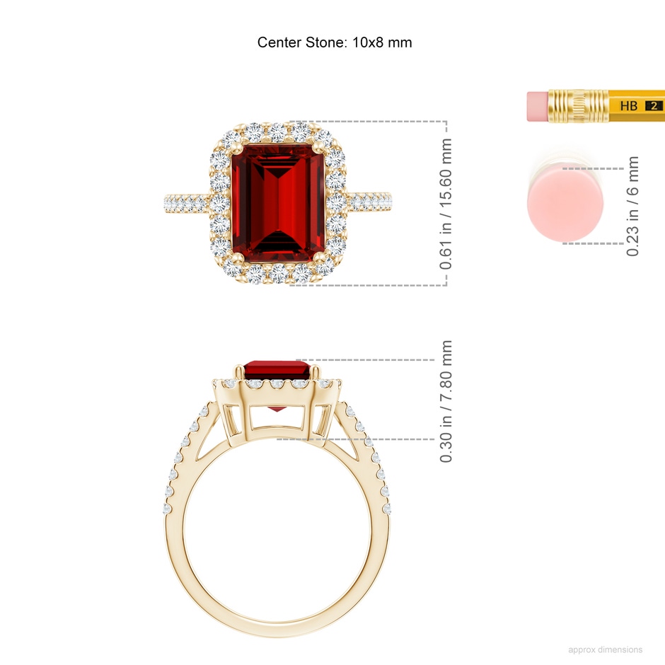10x8mm Labgrown Lab-Grown Emerald-Cut Ruby Halo Ring in Yellow Gold ruler