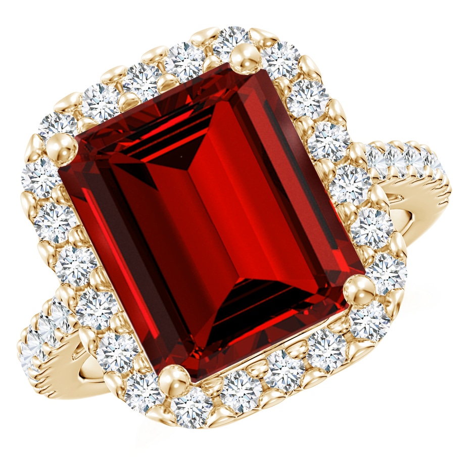 12x10mm Labgrown Lab-Grown Emerald-Cut Ruby Halo Ring in Yellow Gold 