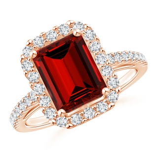 9x7mm Labgrown Lab-Grown Emerald-Cut Ruby Halo Ring in Rose Gold