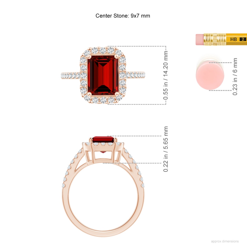9x7mm Labgrown Lab-Grown Emerald-Cut Ruby Halo Ring in Rose Gold ruler