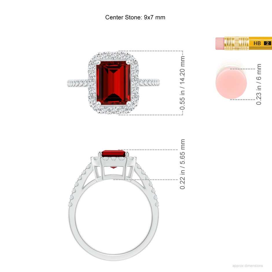 9x7mm Labgrown Lab-Grown Emerald-Cut Ruby Halo Ring in White Gold ruler