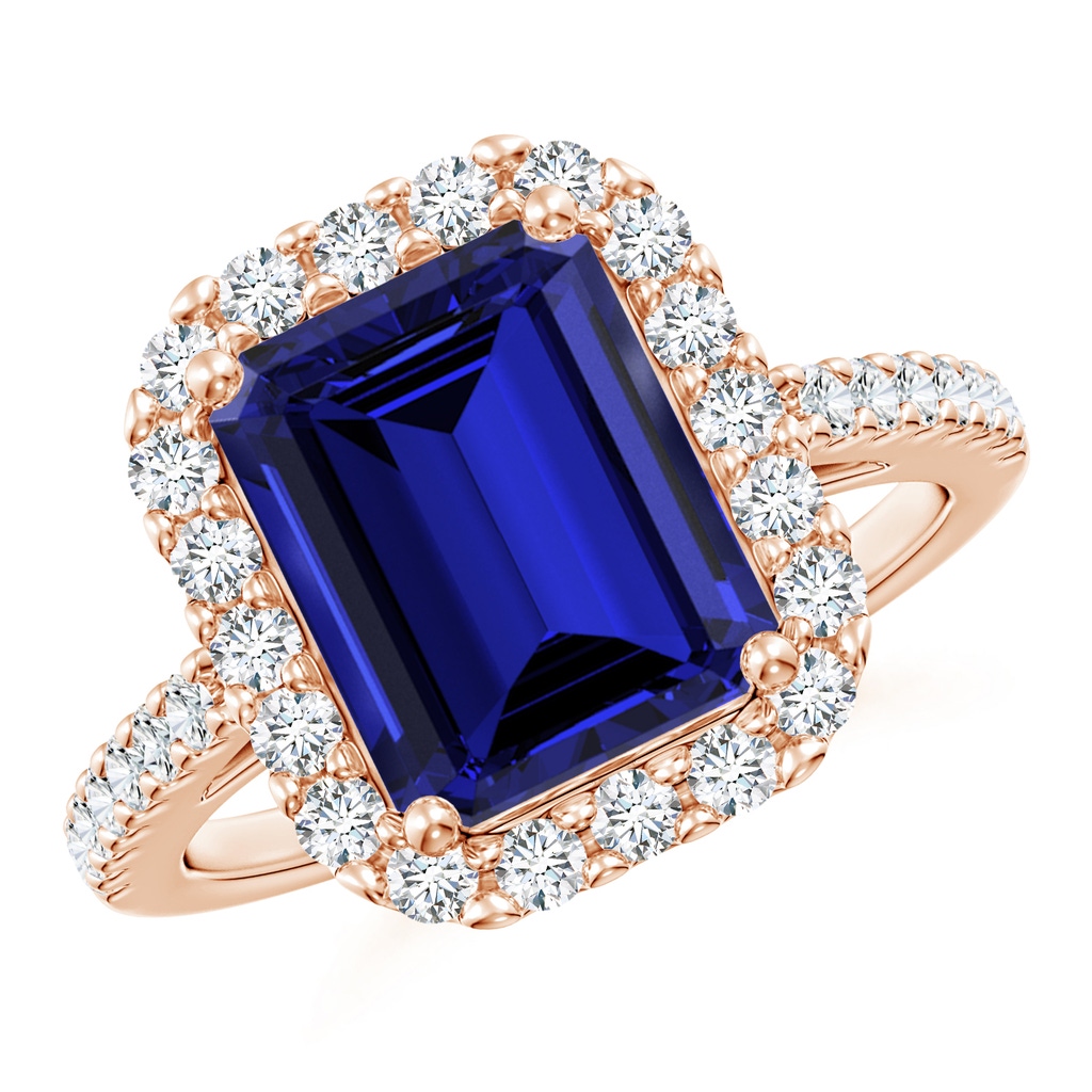 10x8mm Labgrown Lab-Grown Emerald-Cut Blue Sapphire Halo Ring in Rose Gold