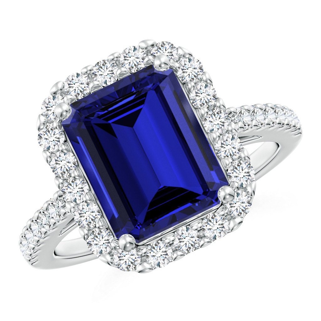 10x8mm Labgrown Lab-Grown Emerald-Cut Blue Sapphire Halo Ring in White Gold