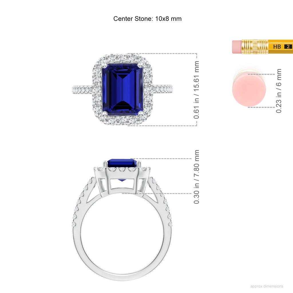 10x8mm Labgrown Lab-Grown Emerald-Cut Blue Sapphire Halo Ring in White Gold ruler