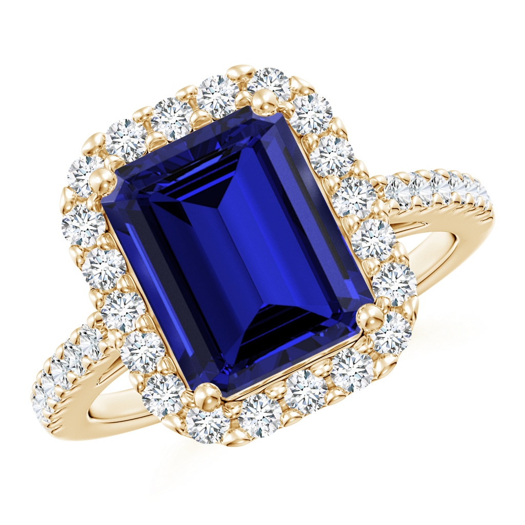 10x8mm Labgrown Lab-Grown Emerald-Cut Blue Sapphire Halo Ring in Yellow Gold
