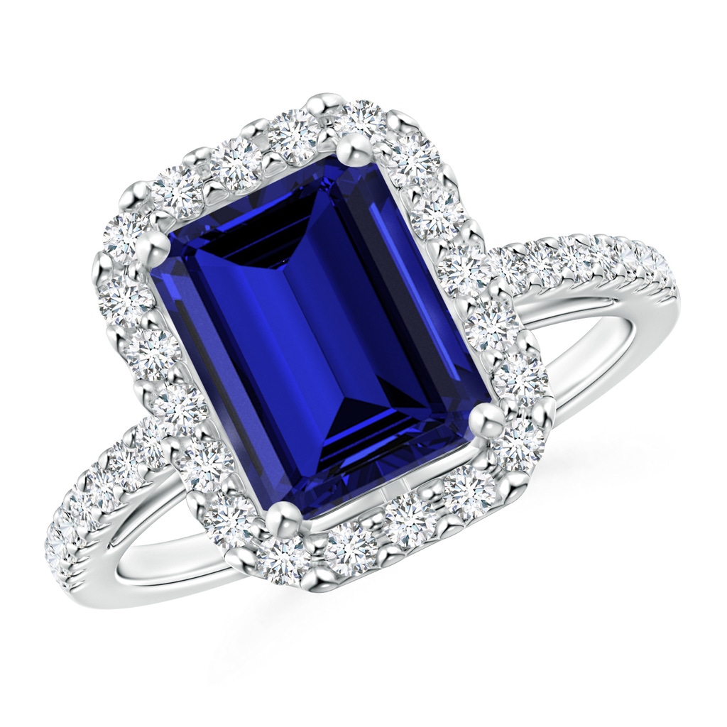 9x7mm Labgrown Lab-Grown Emerald-Cut Blue Sapphire Halo Ring in White Gold