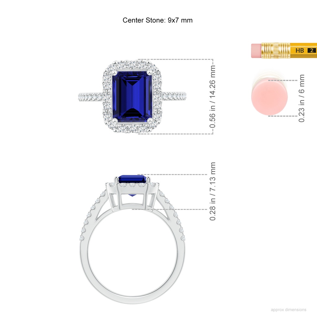 9x7mm Labgrown Lab-Grown Emerald-Cut Blue Sapphire Halo Ring in White Gold ruler