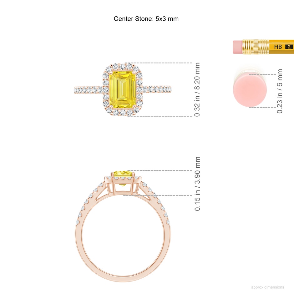 5x3mm Labgrown Emerald-Cut Lab-Grown Fancy Intense Yellow Diamond Halo Ring in Rose Gold ruler