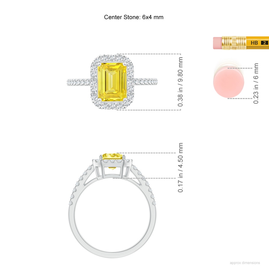 6x4mm Labgrown Emerald-Cut Lab-Grown Fancy Intense Yellow Diamond Halo Ring in White Gold ruler